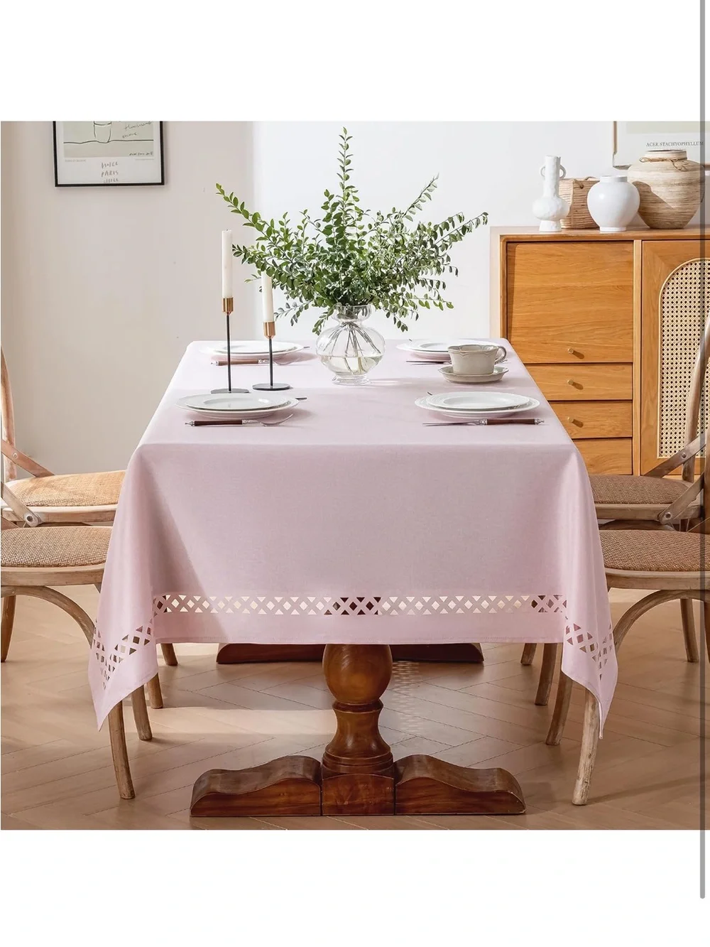 NEW JIALE Pink Linen Polyester Tablecloth with Decorative Cutouts, Wrinkle Free